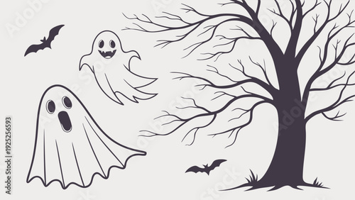 Spooky Halloween Ghosts Flying Past Bare Tree with Bats for Holiday Party Invitations Seasonal Decorations and Fun Design Elements