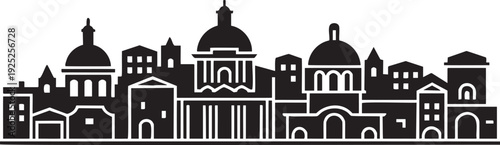 Cityscape silhouette vector illustration of historic buildings with domes and arches, urban skyline art