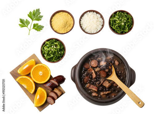 Brazilian Feijoada Traditional Food, Authentic Black Bean Stew with Typical Side Dishes, Professional Food Photography and Creative Concepts
