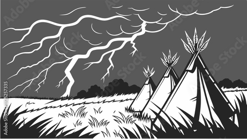 Dramatic Black and White Illustration of Native American Tipis During Intense Lightning Storm for Historical or Weather Themed Design Projects