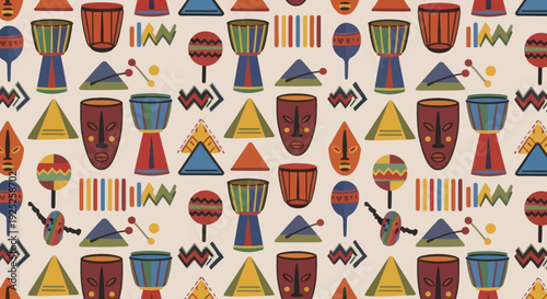 Seamless vector pattern of African tribal masks and musical instruments.
