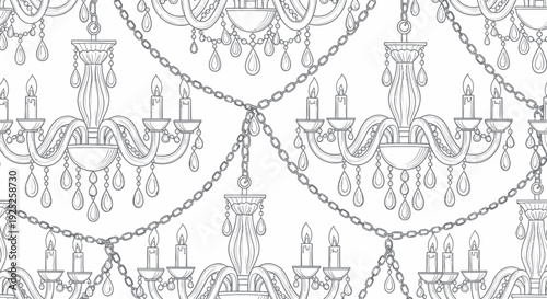 Seamless pattern with vintage chandeliers, burning candles, and crystal decorations.