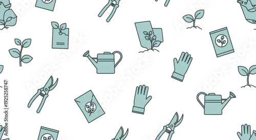 Gardening tools and plants seamless pattern background