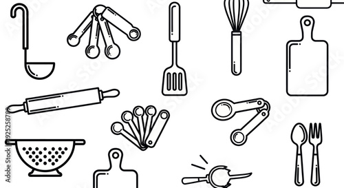 Seamless pattern of kitchen utensils and baking tools.