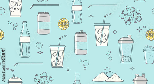 Refreshing beverage seamless pattern with outline drinks and lemon slices.