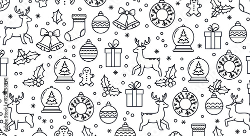 Christmas holiday pattern with reindeer, gifts and ornaments