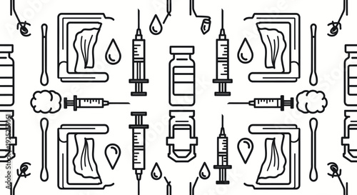 A seamless pattern featuring line icons of medical and laboratory supplies.