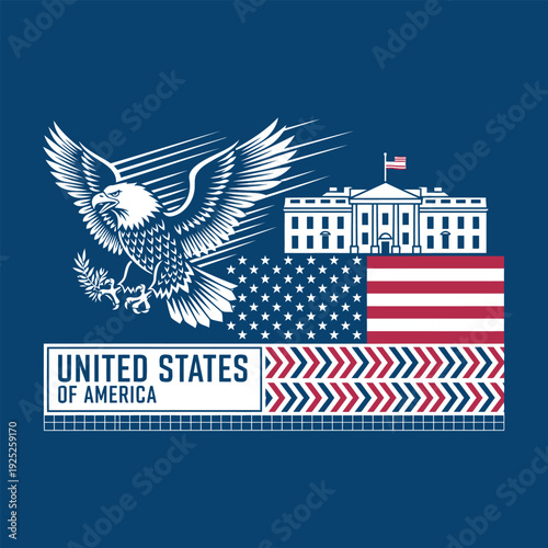 American Symbols: A patriotic depiction featuring the majestic bald eagle soaring above the United States flag and the iconic White House, a proud testament to American heritage and ideals.