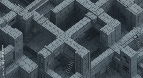 Isometric stone maze with intersecting corridors and ladders
