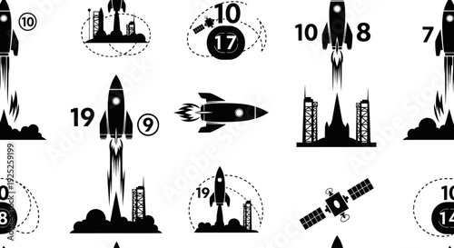 Black and white rocket launch and space exploration icon set