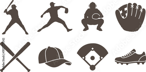 Baseball sport equipment icons including bats, ball, glove, and cleats