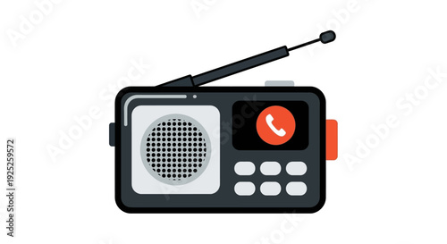 Illustration of a black and orange portable radio with antenna and buttons.