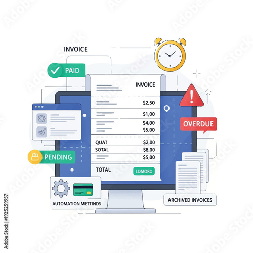 A digital illustration of a computer screen displaying an invoice surrounded by financial icons and notifications on a white background. Perfect for finance, accounting, and business