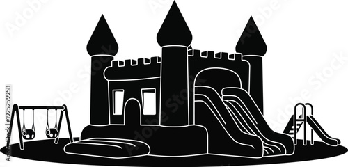 Playground scene with castle and swings depicted as a dark silhouette