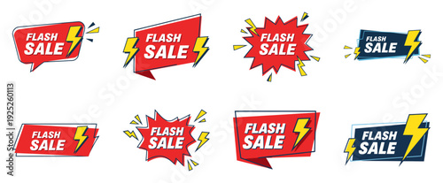 Flash sale banner set with lightning bolts. Red and blue promotional badges and discount labels for marketing and ecommerce design