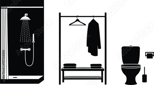 Bathroom layout with shower and clothing rack a minimalist silhouette