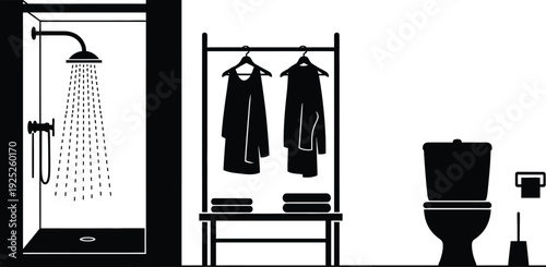 Bathroom fixtures illustration depicting a shower and clothing rack silhouette