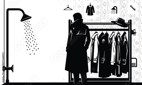 Modern shower head with flowing water depicted as a black silhouette