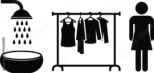 Bathroom icons depicting a shower tub and clothes rack silhouette