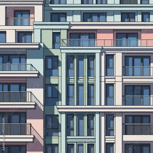 A colorful illustration of a modern apartment building with balconies and windows.