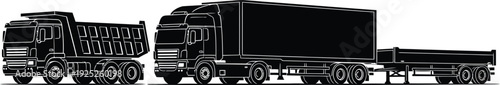 Detailed illustration of heavy duty dump trucks in a striking silhouette