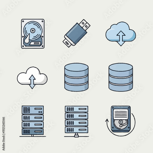Collection of Digital Storage and Data Management Icons.