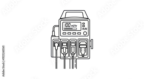 Line art illustration of a medical infusion pump for intravenous therapy.