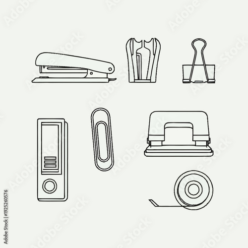 Collection of Office Supplies Line Art Icons.