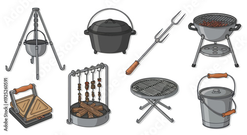 Collection of vintage-style camping and barbecue cooking equipment.