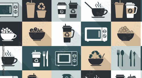 Collage of food and kitchen icons with recycling symbols