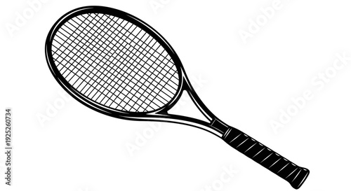 Black and white tennis racquet vector icon illustration.