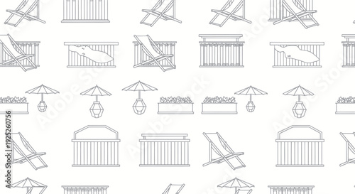 Seamless pattern of outdoor furniture and garden elements in outline style.