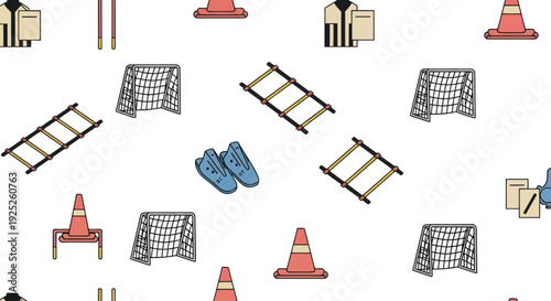 Seamless pattern of soccer training equipment icons.