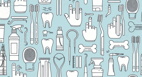 Seamless pattern of dental hygiene items and teeth on a blue background.