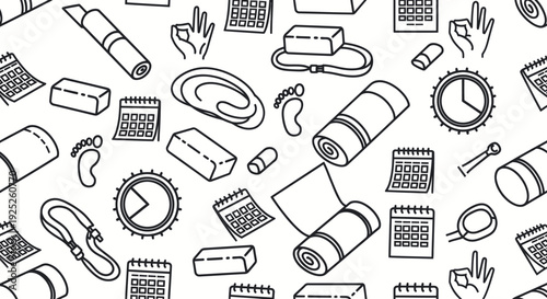 Seamless pattern of yoga and fitness accessories, hand-drawn style.