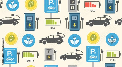 Electric car charging stations with symbols for green energy.