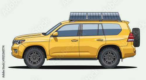 Yellow off-road vehicle with solar panels on the roof.