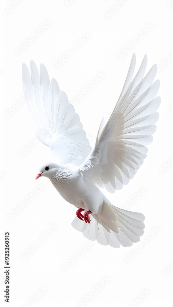 Fototapeta premium White Dove in Mid Flight Against a Clear White Background Studio Shot