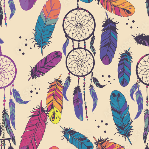 Colorful dreamcatcher and feather pattern on a light beige background. A vibrant, decorative design with multicolored feathers and dreamcatchers.