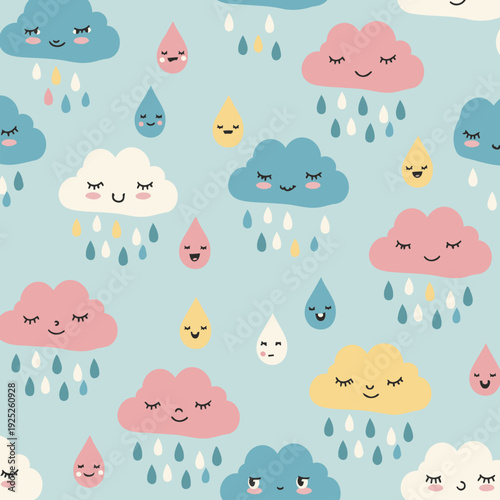 Cute cloud and raindrop pattern with pastel colors. Repeating design featuring happy, stylized clouds and raindrops with various facial expressions on a light blue background.