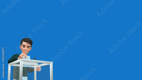 Slika na platnu Personnage 3D souriant votant avec un bulletin bleu sur fond bleu uni - rendu 3D