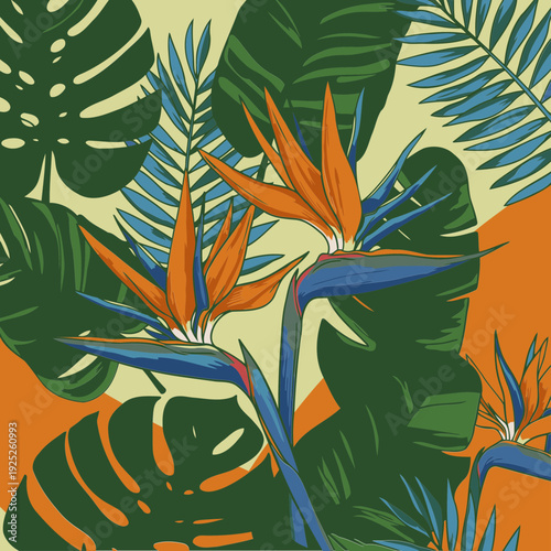 Tropical bird of paradise flowers and lush leaves in a vibrant graphic design. Colorful floral pattern with various tropical foliage for background design.