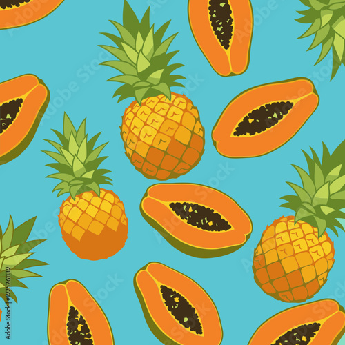 Tropical fruit pattern of pineapples and papayas in a vibrant design. Floating fruits against a light teal background. Decorative element for a variety of stock uses.