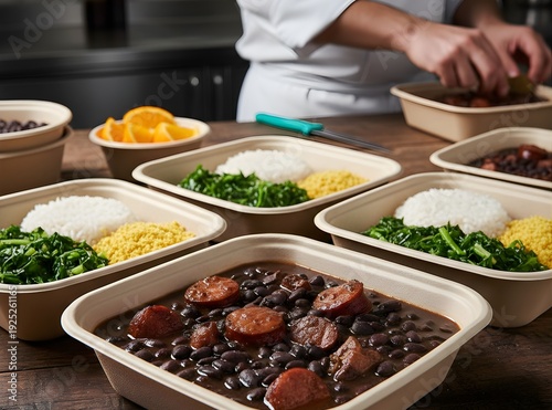 Brazilian Feijoada Traditional Food, Authentic Black Bean Stew with Typical Side Dishes, Professional Food Photography and Creative Concepts