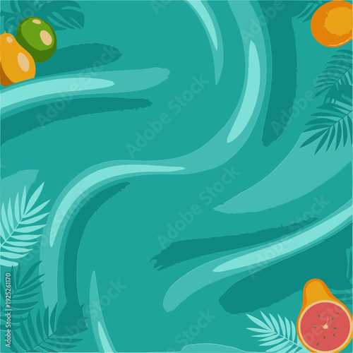 Teal fabric draped with tropical fruit and leaves. Stylish backdrop with a modern, summery aesthetic. Blank space for marketing or promotional use. Modern design.