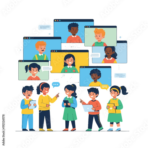 A diverse group of children interacting with digital devices and video chatting with peers on screens. Perfect for education, online learning, and digital communication materials.