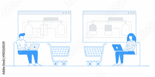 Two people shopping online with laptops and virtual shopping carts