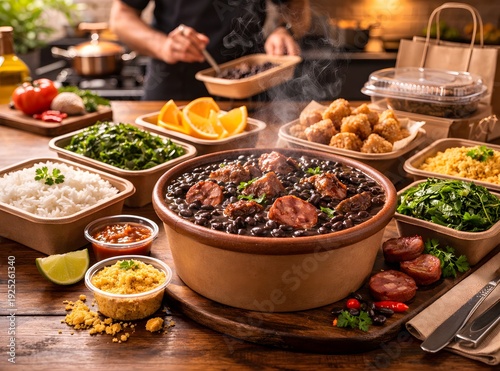 Brazilian Feijoada Traditional Food, Authentic Black Bean Stew with Typical Side Dishes, Professional Food Photography and Creative Concepts