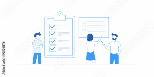 Team reviewing checklist and progress on a project with data visualization