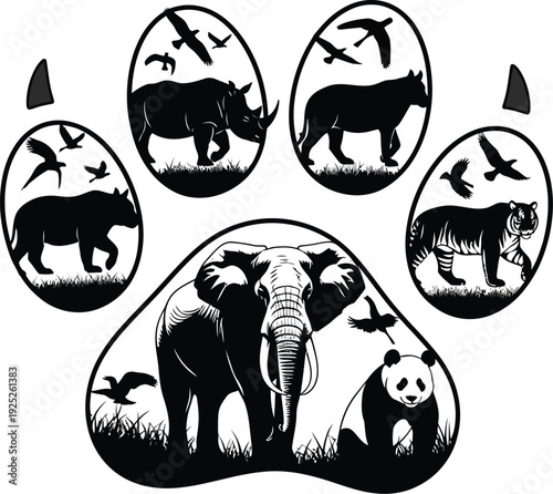 A black and white illustration of a paw print featuring various endangered animals